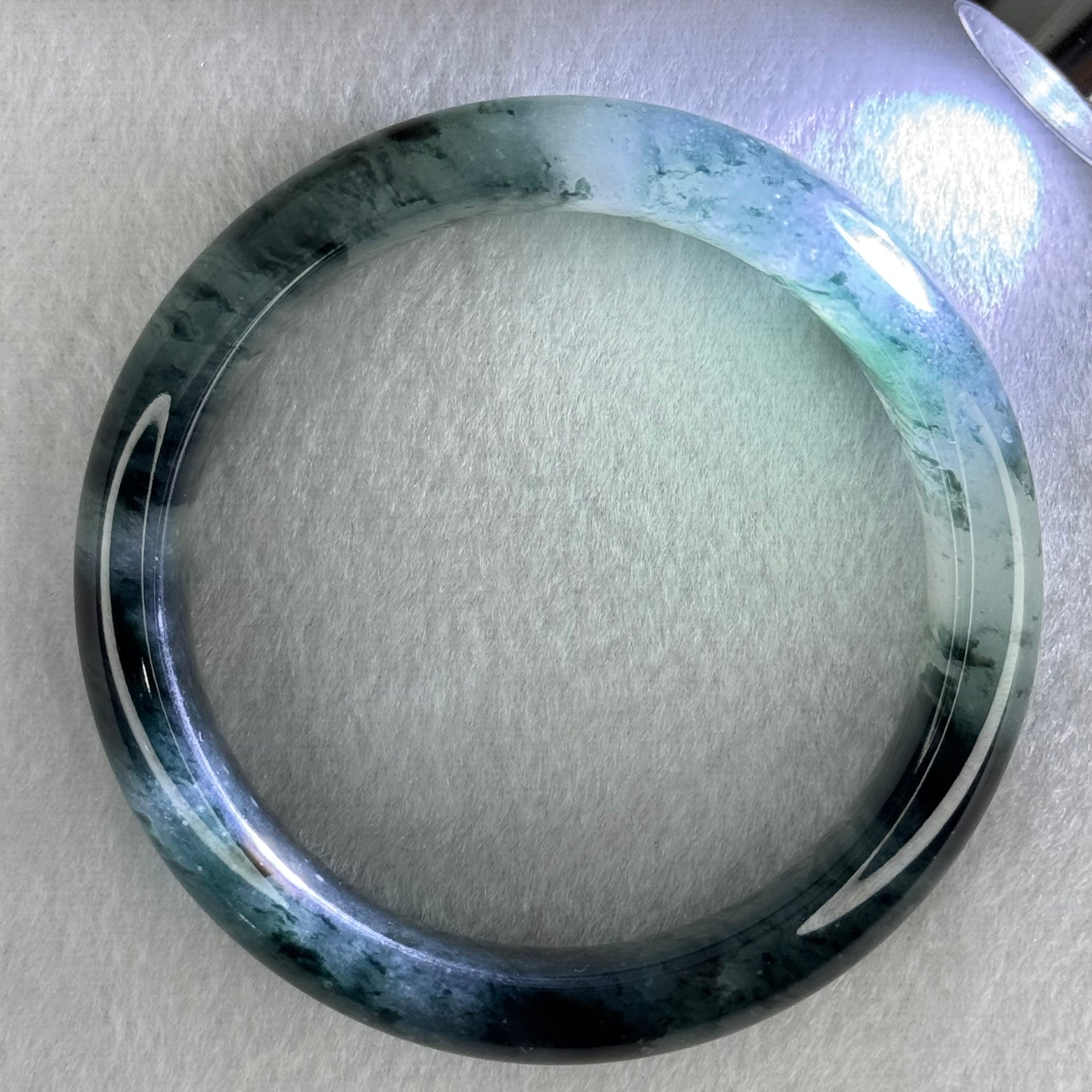 Transparent Colourless with Dark Greenish Black Piao Hua Sodium Feldspar Jade Bangle 水沫玉手镯 Internal Diameter 58.1mm 59.21g 15.6 by 9.0mm - Huangs Jadeite and Jewelry Pte Ltd