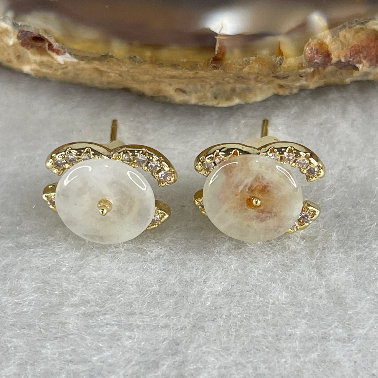 Natural Type A Semi-Icy White Jadeite Earrings | Gold Color Ping An Kou Donut Stud Earrings (2.46g, 8.9 by 2.0mm)