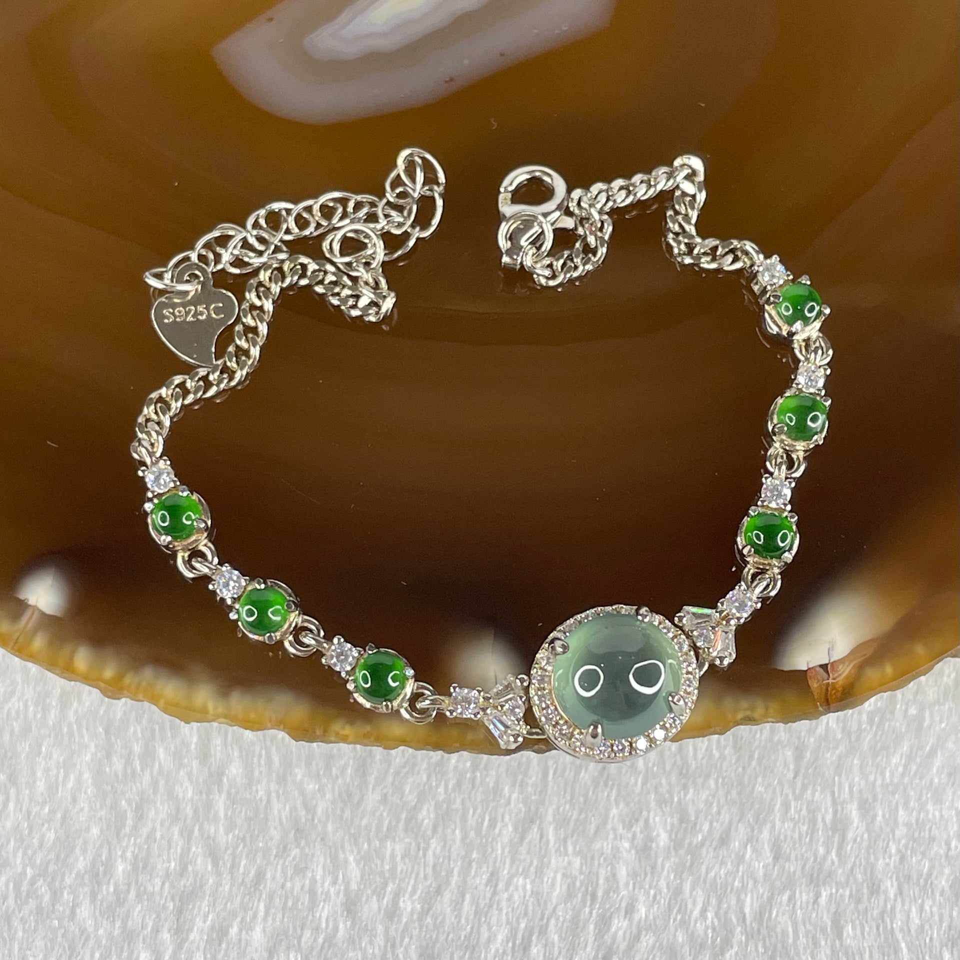 Type A Icy Blueish Green 7.2 by 5.0mm and Icy Green Omphasite Jadeite Cabochon With Crystals in S925 Sliver Bracelet 4.70g - Huangs Jadeite and Jewelry Pte Ltd