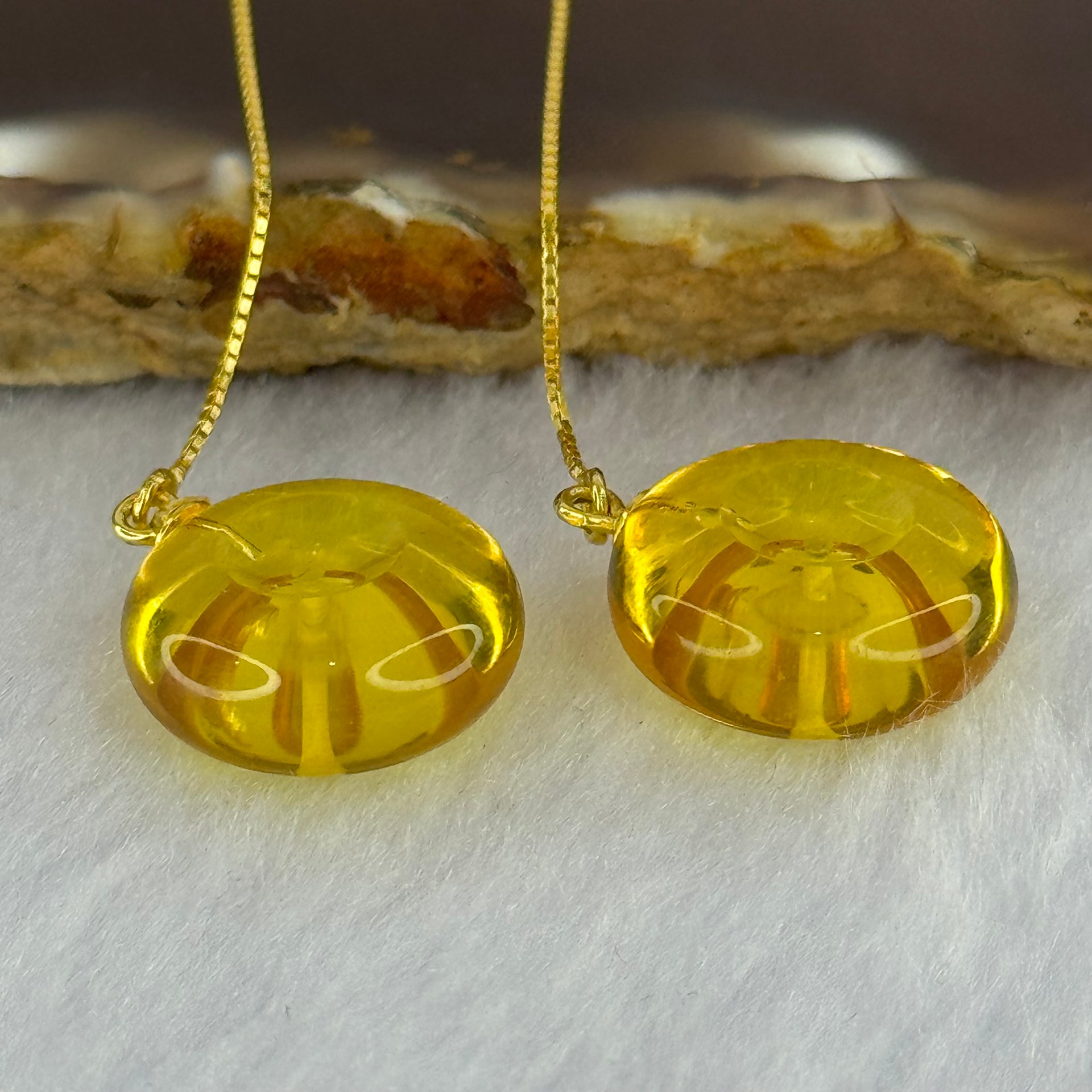 Natural Golden Yellow Amber Ping An Kou Donut Silver in Gold Color Earrings 2.36g 15.0 by 6.7mm - Huangs Jadeite and Jewelry Pte Ltd