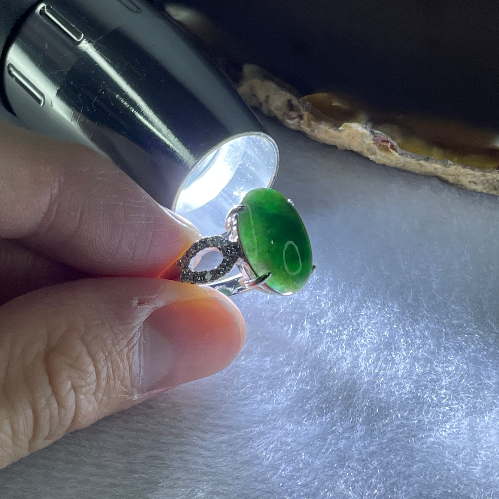 Type A Green Burmese jadeite ring in 18k white gold & natural diamonds 5.43g size US7 - Huangs Jadeite and Jewelry Pte Ltd