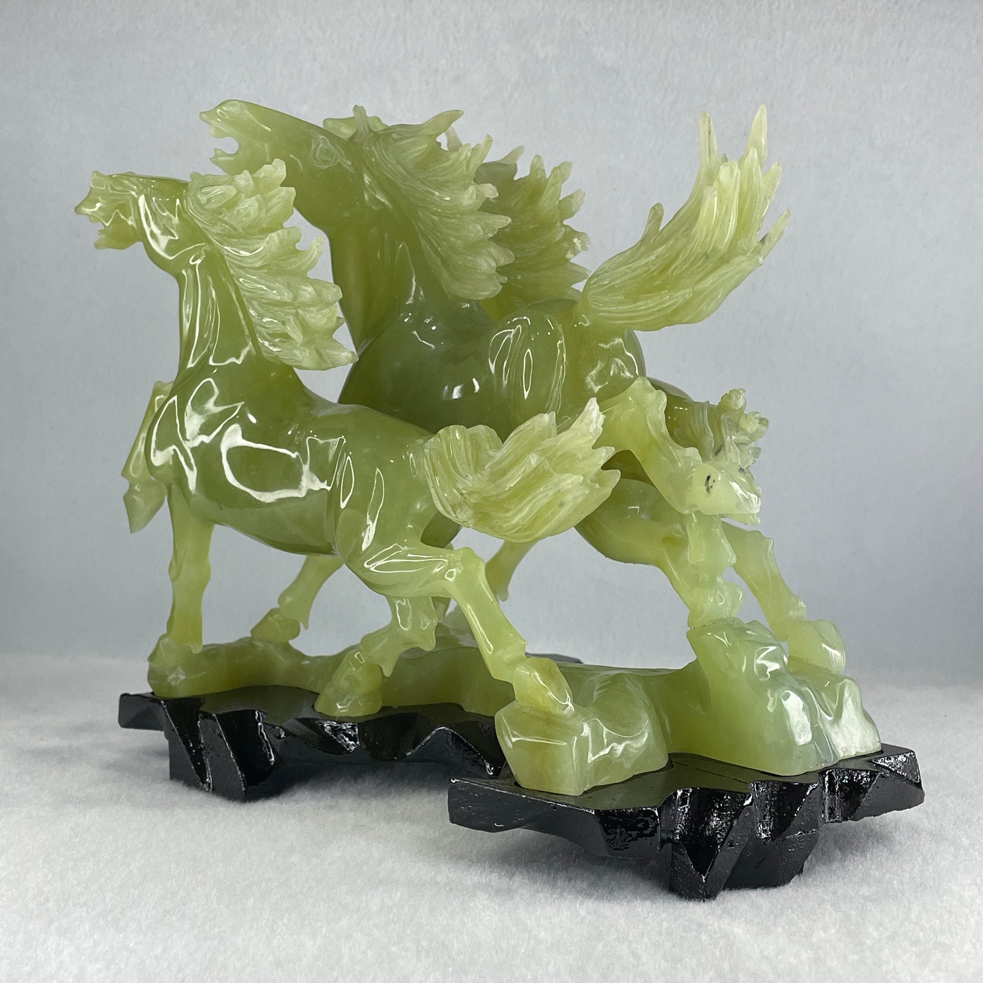 Natural Yellowish Green Serpentine 3 Victory Horse with Wooden Stand Display 1,929.3g 198.0 r we by 166.0 by 200.0mm - Huangs Jadeite and Jewelry Pte Ltd