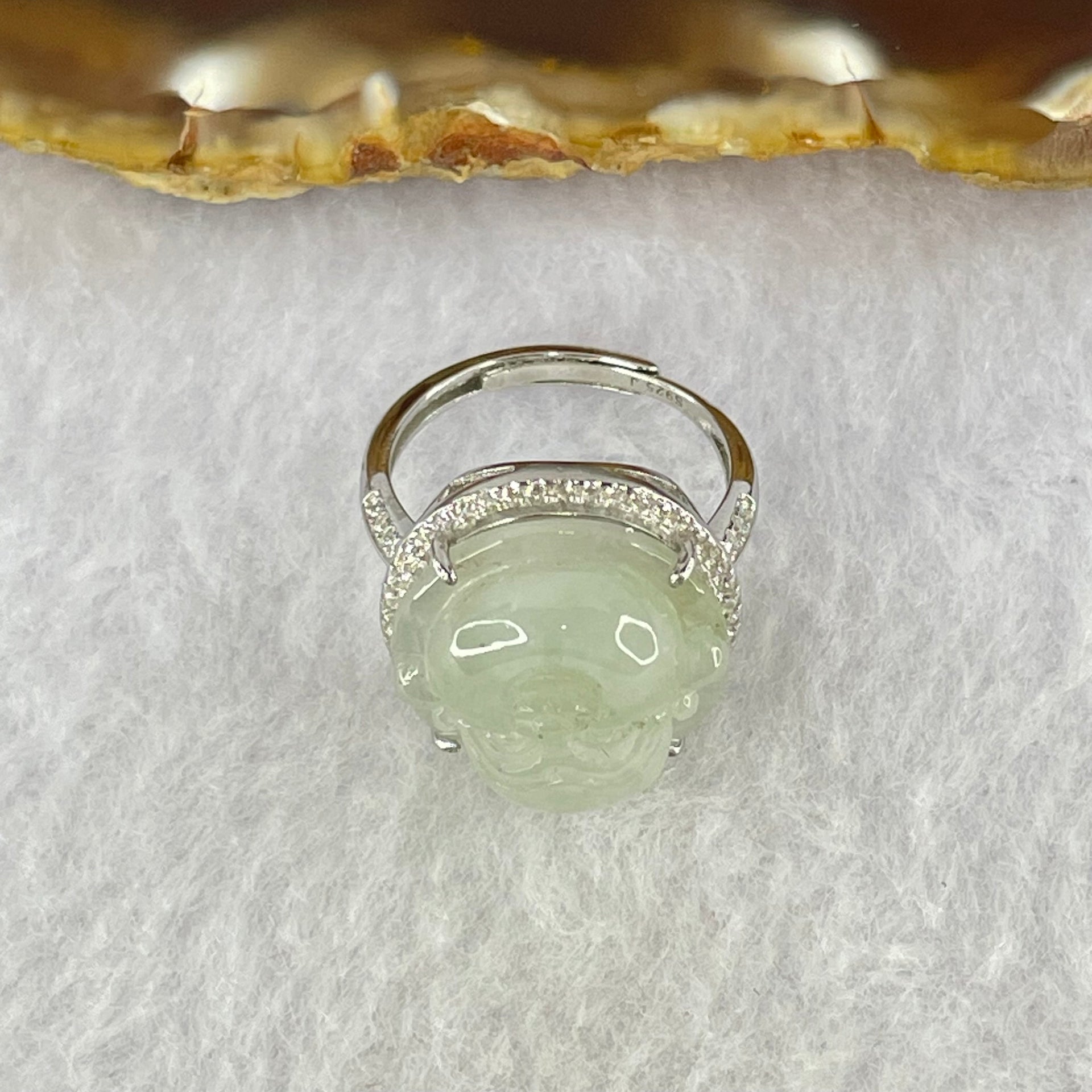 Type A Faint Lavender Green Jadeite Milo Buddha in S925 Ring (Adjustable Size) 5.80g 16.5 by 16.5 by 7.0mm - Huangs Jadeite and Jewelry Pte Ltd