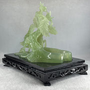 Natural Green Serpentine Double Victory Horses with Twin Birds on Treen and Pond with Wooden Stand Display 1,275.3g 240.0 by 210.0 by 160.0mm - Huangs Jadeite and Jewelry Pte Ltd