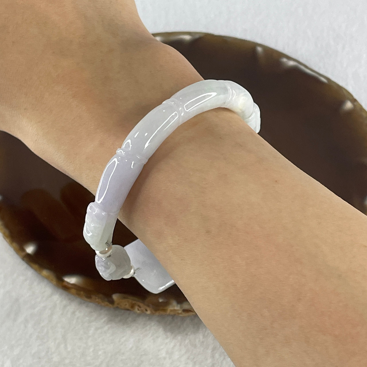 Natural Type A Lavender with Faint Green Jadeite Bamboo with Lotus Flower and Dragon Bracelet 34.11g 17cm 7.9 by 8.6mm - Bamboo 33.2 by 19.1 by 11.8mm - Huangs Jadeite and Jewelry Pte Ltd