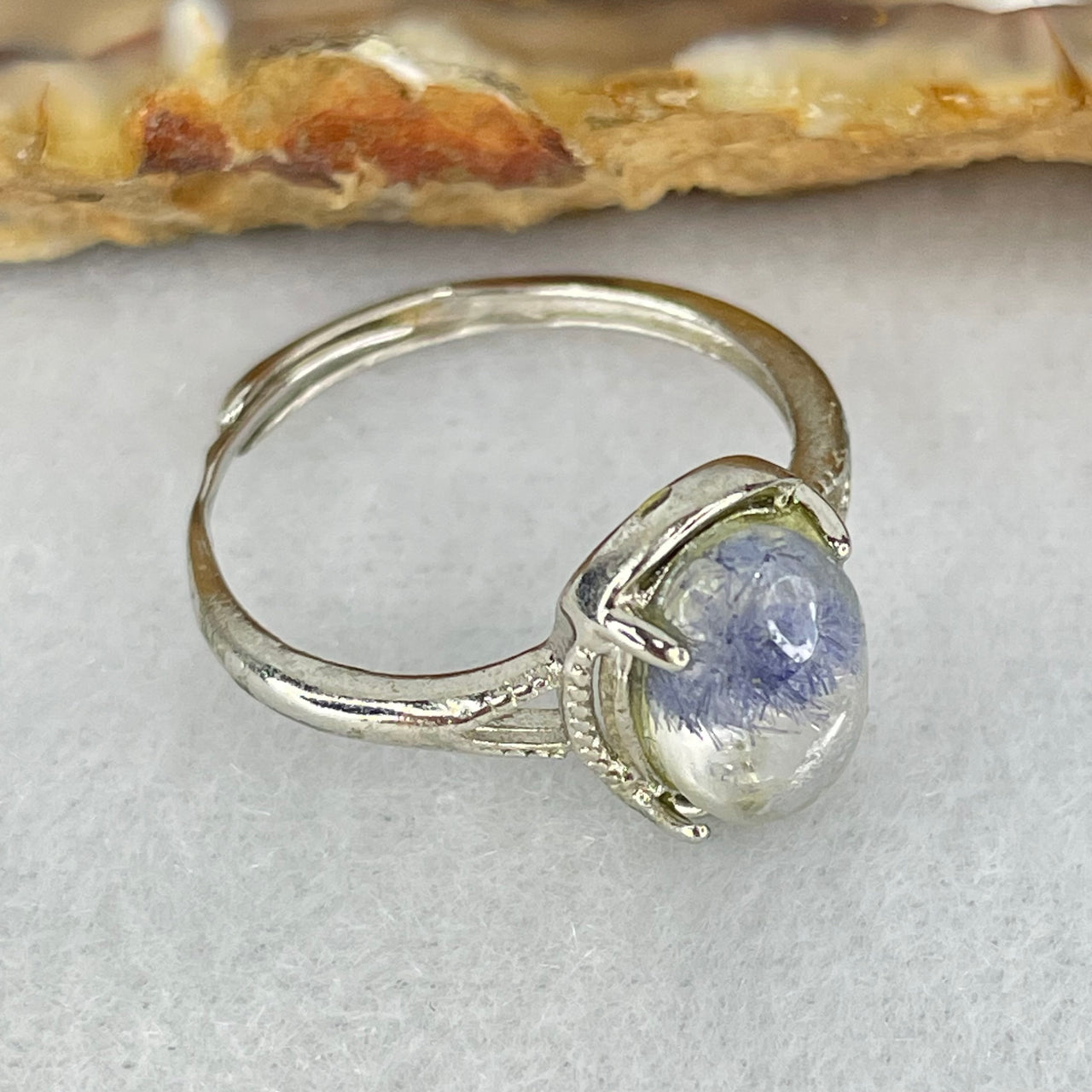 Rare Good Grade Natural Blue Dumortierite Rutilated Quartz in S925 Sliver Ring (Adjustable Size) 1.59g 9.6 by 6.7 by 4.0mm - Huangs Jadeite and Jewelry Pte Ltd