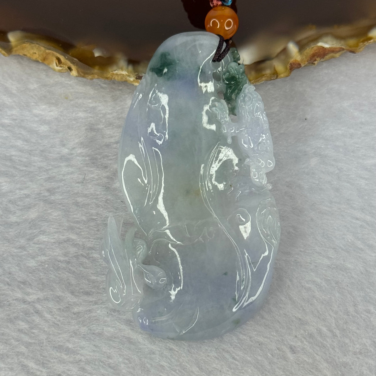 Type A Lavender with Dark Blueish Green Patches Jadeite 3 Legged Toad Pendent 25.25g 54.1 by 32.0 by 7.6mm - Huangs Jadeite and Jewelry Pte Ltd