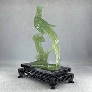 Natural Green Serpentine Phoenix Birds on Tree with Wooden Stand Display 366.6g 139.0 by 198.0 by 75.0mm - Huangs Jadeite and Jewelry Pte Ltd