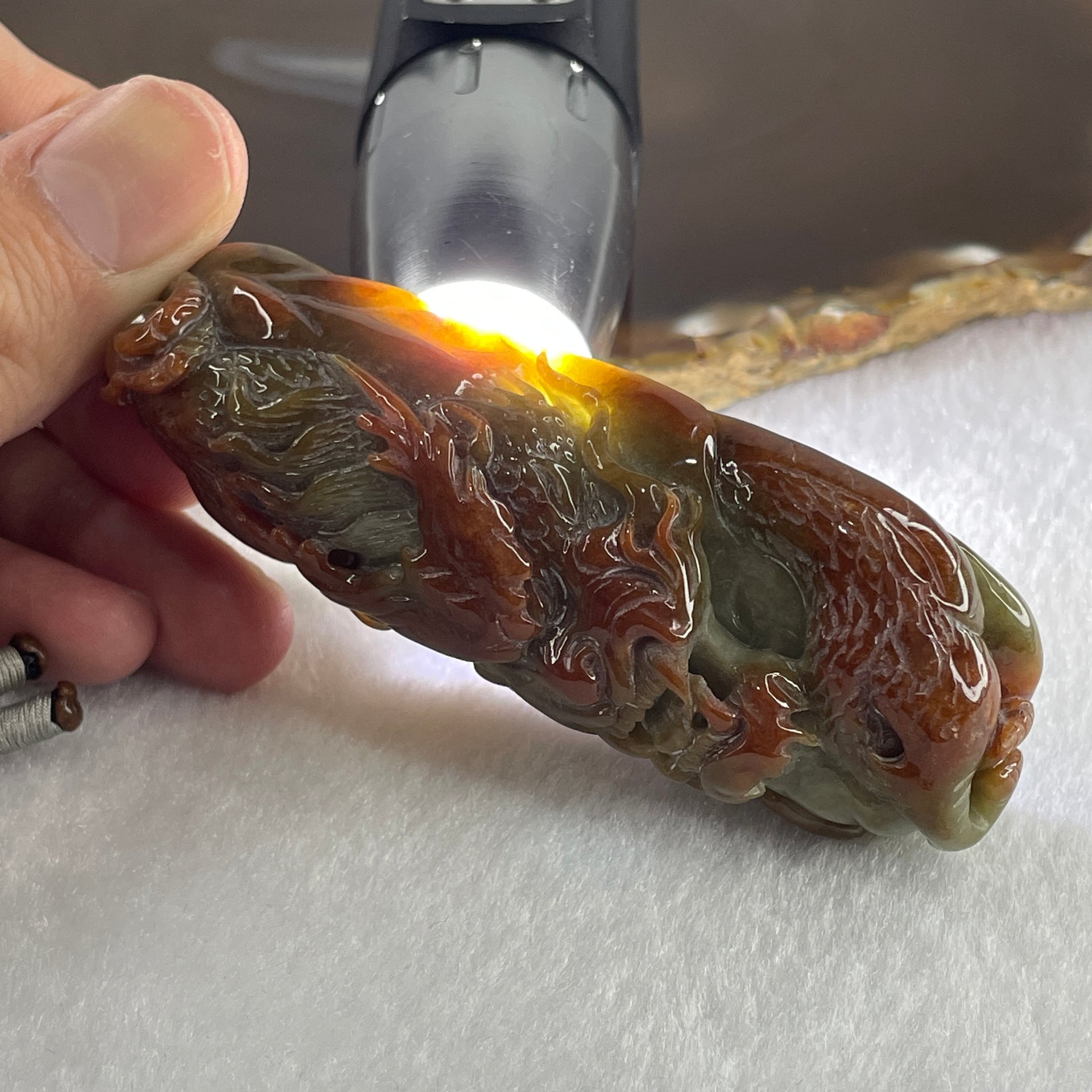 Grand Mater Type A Brownish Red with Green Jadeite Dragon Double Side Pendant 104.37g 81.8 by 1.9 by 22.5mm - Huangs Jadeite and Jewelry Pte Ltd