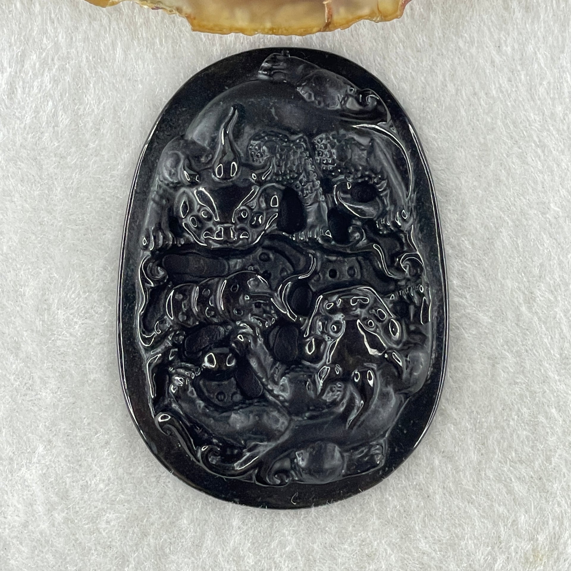 Type A Opaque to Partial Translucent Black Omphacite Jadeite Pixiu Pair with Coins Pendant 19.06g 53.4 by 38.5 by 7.6mm - Huangs Jadeite and Jewelry Pte Ltd