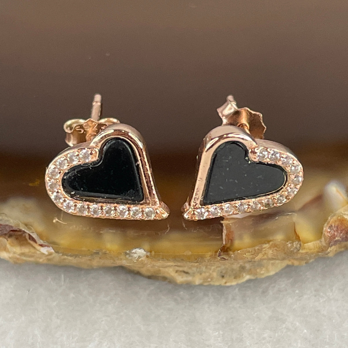Certified Type A Black Omphacite Jadeite Heart Earrings in S925 Gold-Plated Silver | Elegant Romantic Protection Studs (2.22g | 6.2 x 7.0 x 1.5mm)