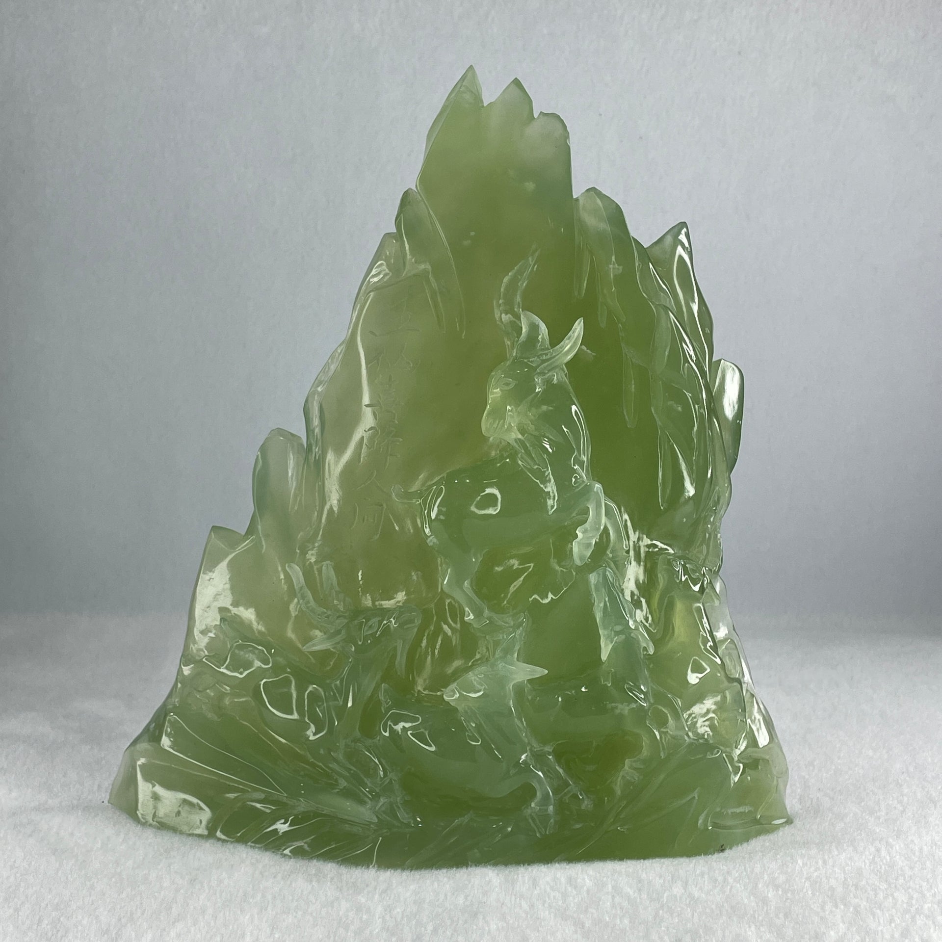 Natural Semi Icy Green Serpentine 5 Deers on Shanshui with Wooden Stand Display 1,293.6g 205.0 by 72.0 by 215.0mm - Huangs Jadeite and Jewelry Pte Ltd