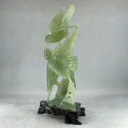 Natural Green Serpentine 3 Magpie Birds on Tree with Wooden Stand Display 569.6g 141.0 by 242.0 by 78.0mm - Huangs Jadeite and Jewelry Pte Ltd