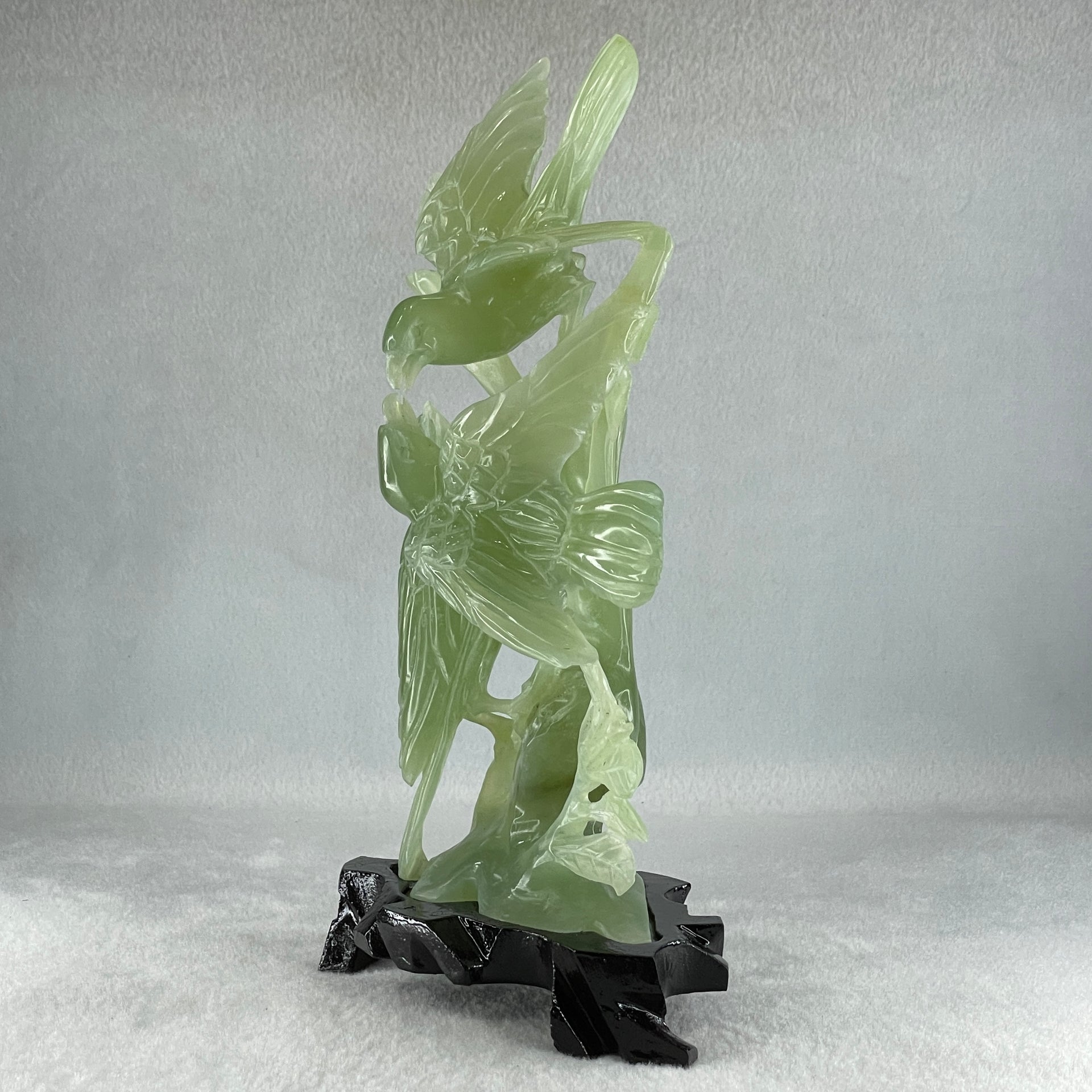 Natural Green Serpentine 3 Magpie Birds on Tree with Wooden Stand Display 569.6g 141.0 by 242.0 by 78.0mm - Huangs Jadeite and Jewelry Pte Ltd