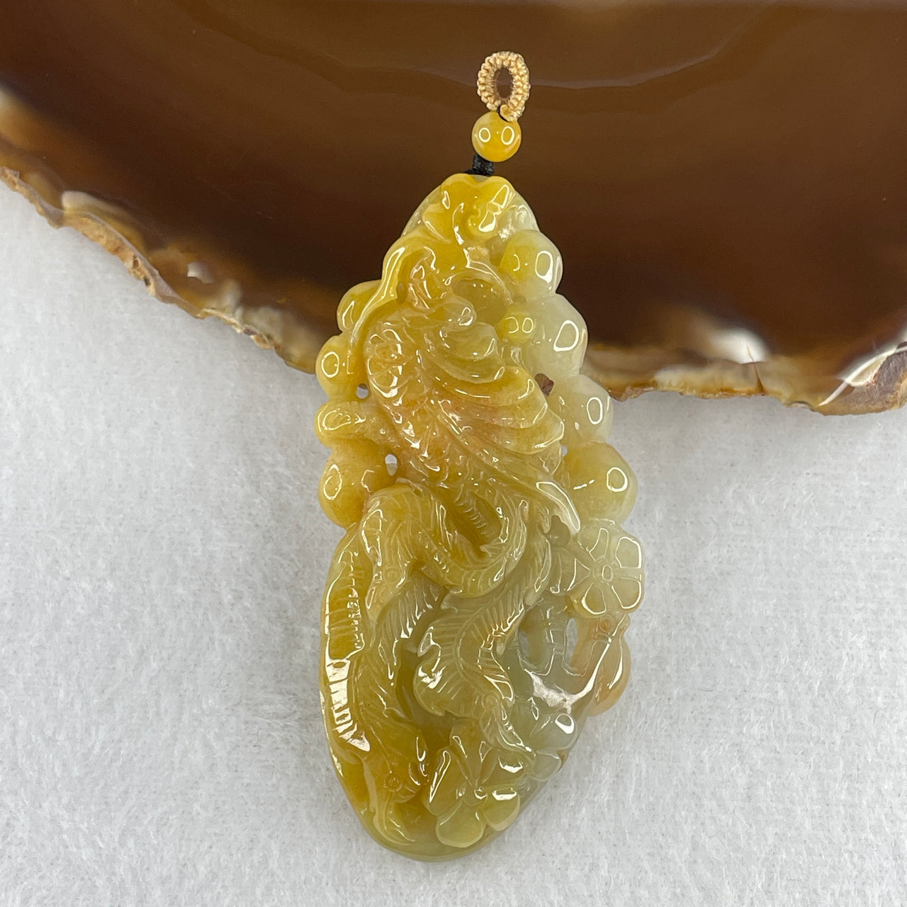 Certified Natural Type A Imperial Yellow & Faint Lavender Jadeite Phoenix with Flower Pendant | Masterpiece Three-Dimensional Carving | Saturated Myanmar Feicui Transformation & Sovereign Wealth Amulet (38.21g | 68.3x32.5x11.4mm)