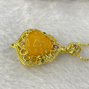 Natural Butterscotch Amber Milo Buddha with Crystals in Gold Color Necklace 5.64g 12.2 by 11.8 by 3.2mm - Huangs Jadeite and Jewelry Pte Ltd