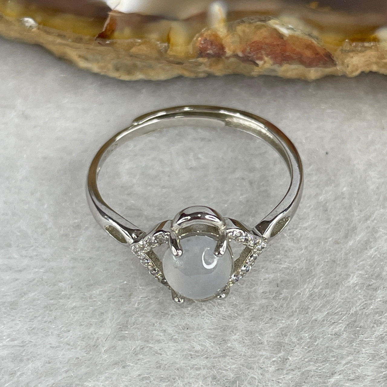 Type A Icy White Jadeite Cabochon Ring | Liquid-Glass Translucent Cushion Orb | Solid S925 Sterling Silver Setting | Smart Adjustable Sizing (1.53g 6.9x5.6x3.0mm)