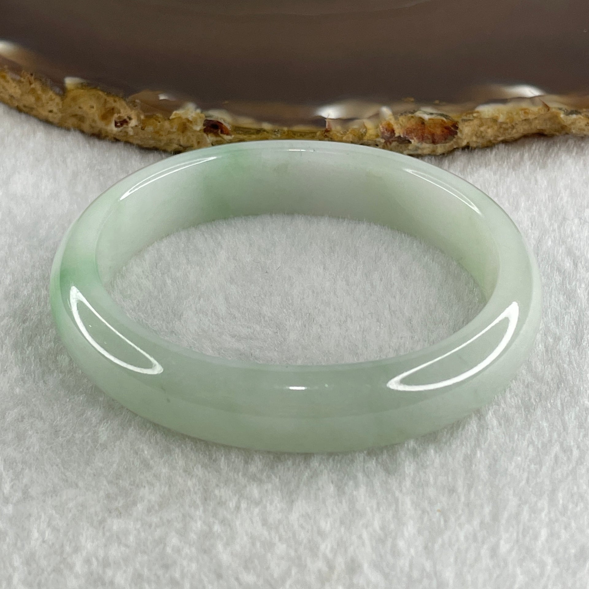 Type A Natural Light Green Faint Lavender with Emerald Green Patches Jadeite Oval Bangle 40.95g Inner Diameter 53.7mm 12.2 by 7.0mm (Internal Line) - Huangs Jadeite and Jewelry Pte Ltd