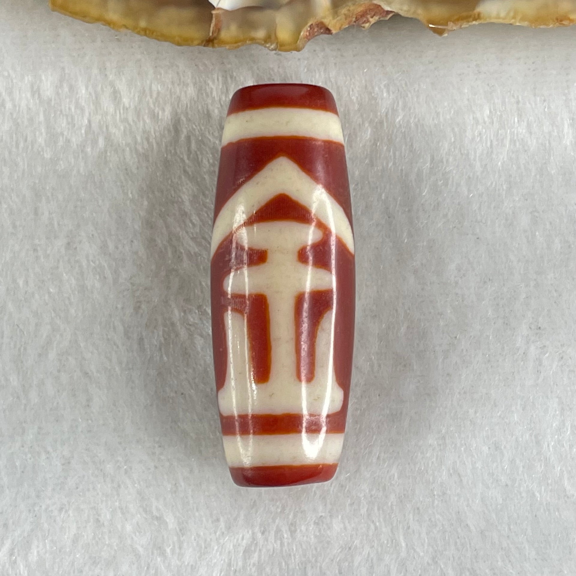 Natural Powerful Tibetan Old Oily Red White Agate One Eye Gold Metal Element Dzi Bead Heavenly Master (Tian Zhu) 一眼金天珠 11.08g 37.3 by 13.5mm - Huangs Jadeite and Jewelry Pte Ltd