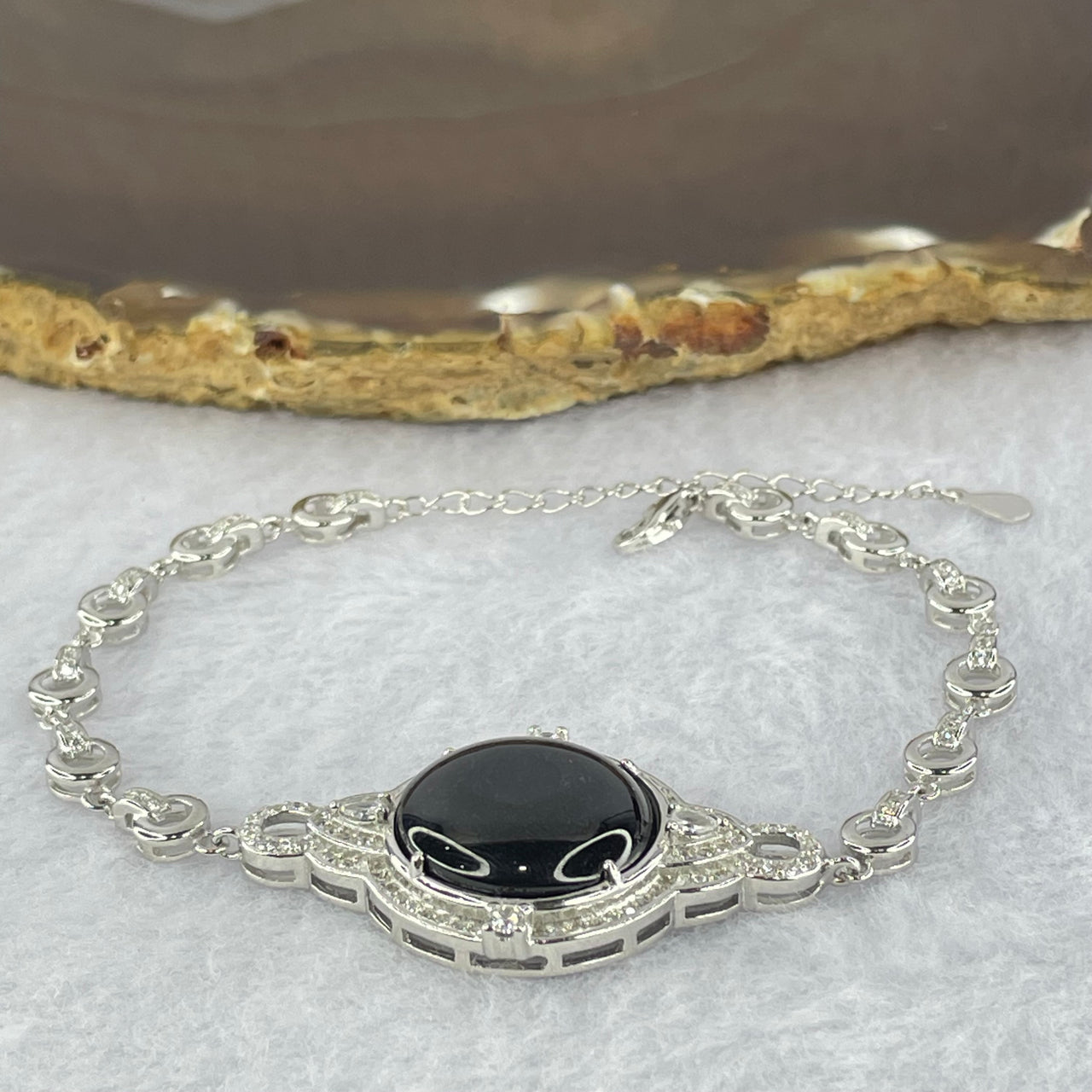 Type A Translucent Black Jadeite Round Wu Shi Pai with Crystals in S925 Sliver Bracelet 9.54g 16.5 by 3.0mm - Huangs Jadeite and Jewelry Pte Ltd