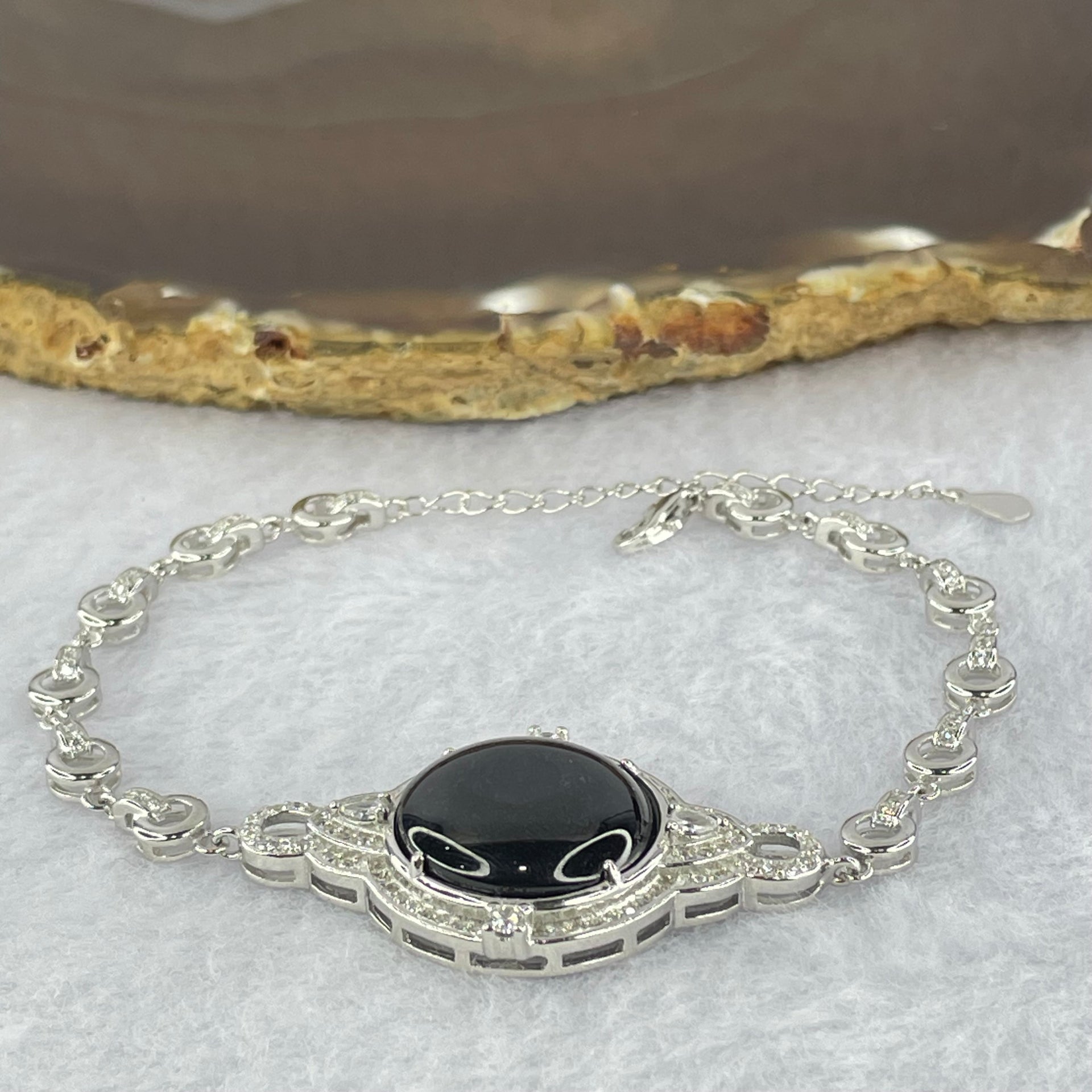 Type A Translucent Black Jadeite Round Wu Shi Pai with Crystals in S925 Sliver Bracelet 9.54g 16.5 by 3.0mm - Huangs Jadeite and Jewelry Pte Ltd