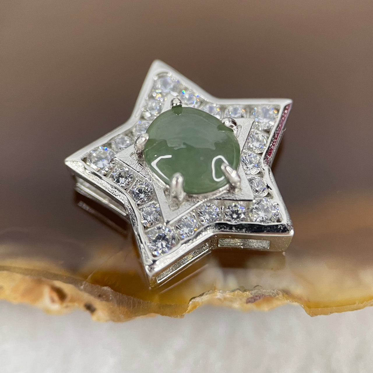 Type A Semi Icy Blueish Green Cabochon Jadeite in S925 Sliver Star with Crystal Charm 2.41g 7.8 by 6.9 by 3.5mm - Huangs Jadeite and Jewelry Pte Ltd