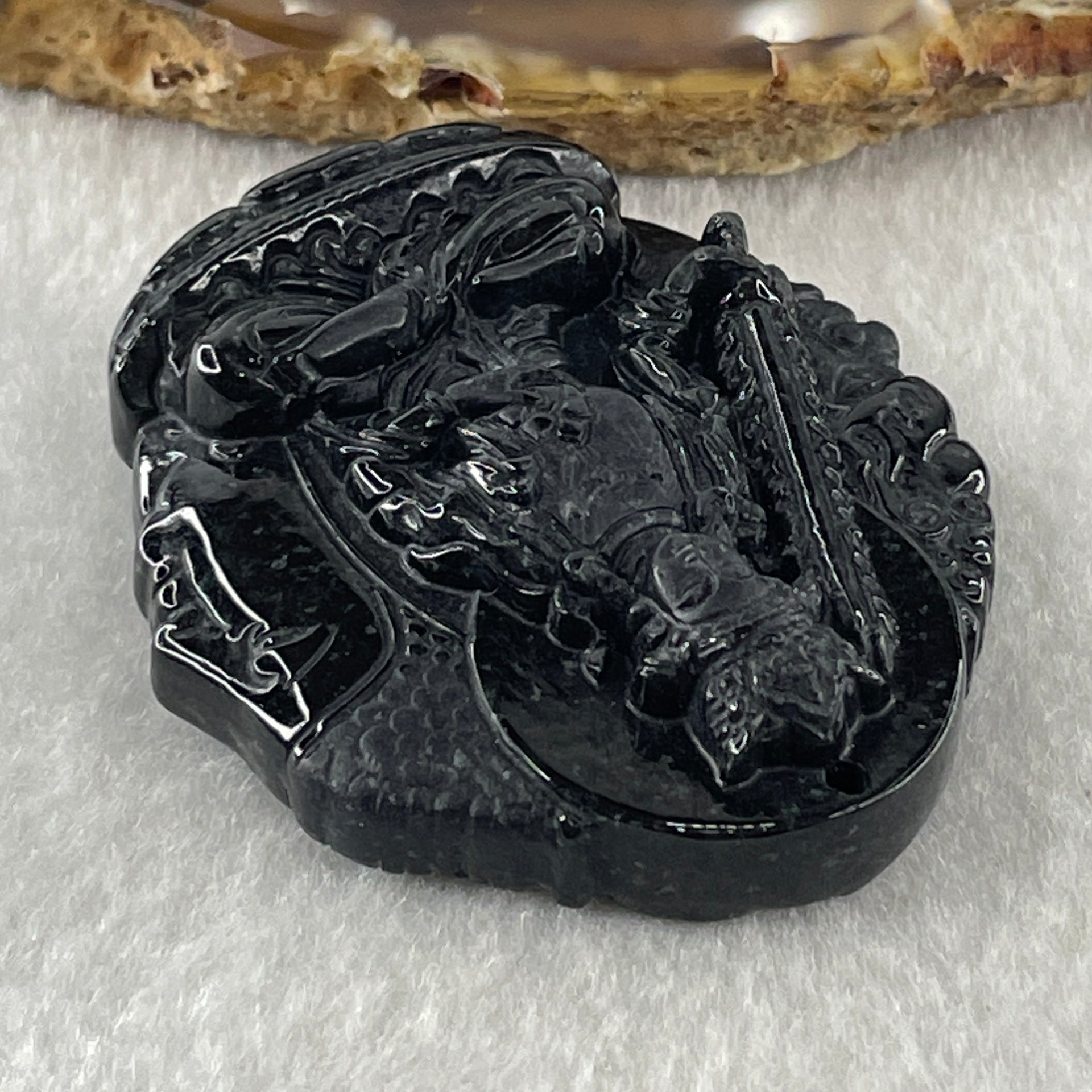 Type A Opaque Black Omphacite Jadeite Good Vs Evil Akasagarbha Bodhissattva Pendant Ox and Tiger Zodiac Guardian 45.77g 50.8 by 43.8 by 13.1mm - Huangs Jadeite and Jewelry Pte Ltd