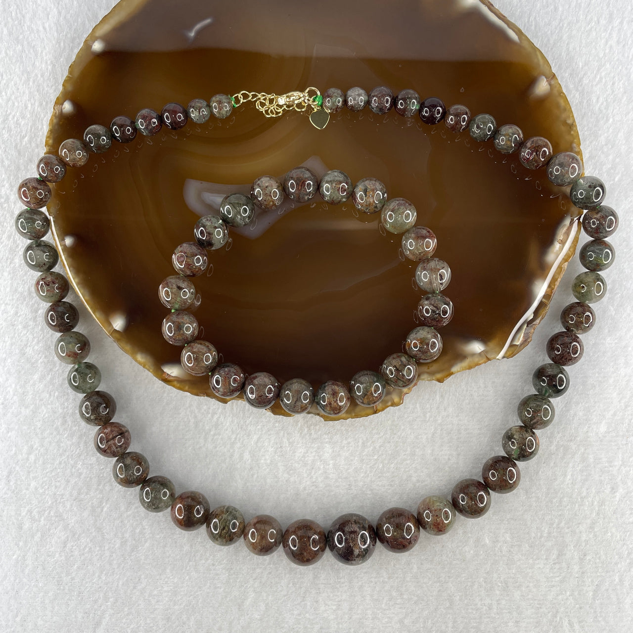 Certified Natural Red with Green Phantom Quartz Beads Bracelet 10.2mm 17cm 21Beads Necklace 7.0 by 14.3mm 44cm 47Beads Set Total Weight 89.10g