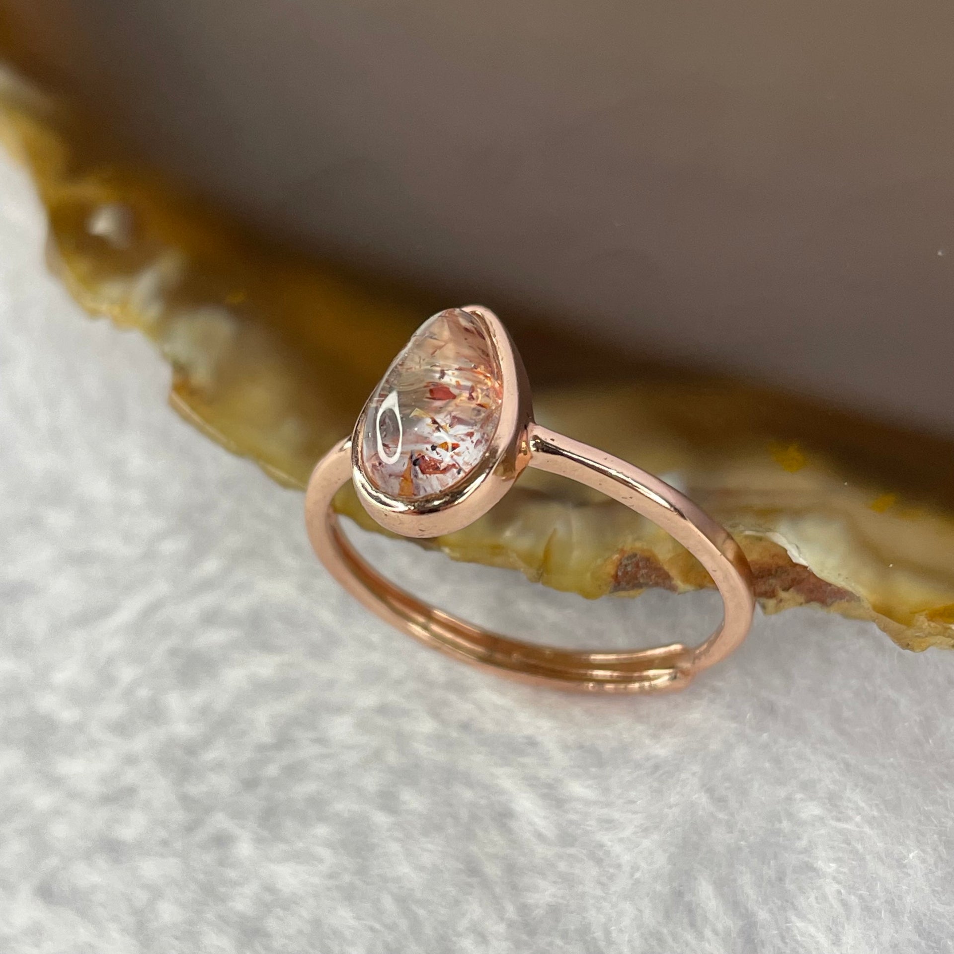 Above Average Grade Natural Super 7 Crystal in 925 Sliver Ring in Rose Gold Color (Adjustable Size) 天然超级七水晶 925 银戒指（可调节尺寸) 1.62g 9.2 by 5.4 by 4.6mm - Huangs Jadeite and Jewelry Pte Ltd