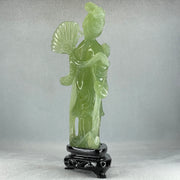 Natural Green Serpentine Fairy with Fan and Flower with Wooden Stand Display 476.2g 130.0 by 70.0 by 225.0mm - Huangs Jadeite and Jewelry Pte Ltd