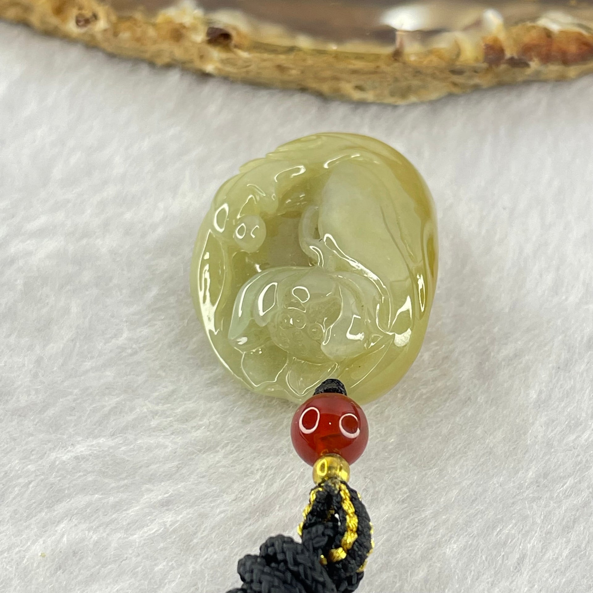 Type A Yellow with Green Jadeite Flower and Gui Ren Benefactor Pendant 18.03g 31.9 by 22.7 by 13.8mm - Huangs Jadeite and Jewelry Pte Ltd