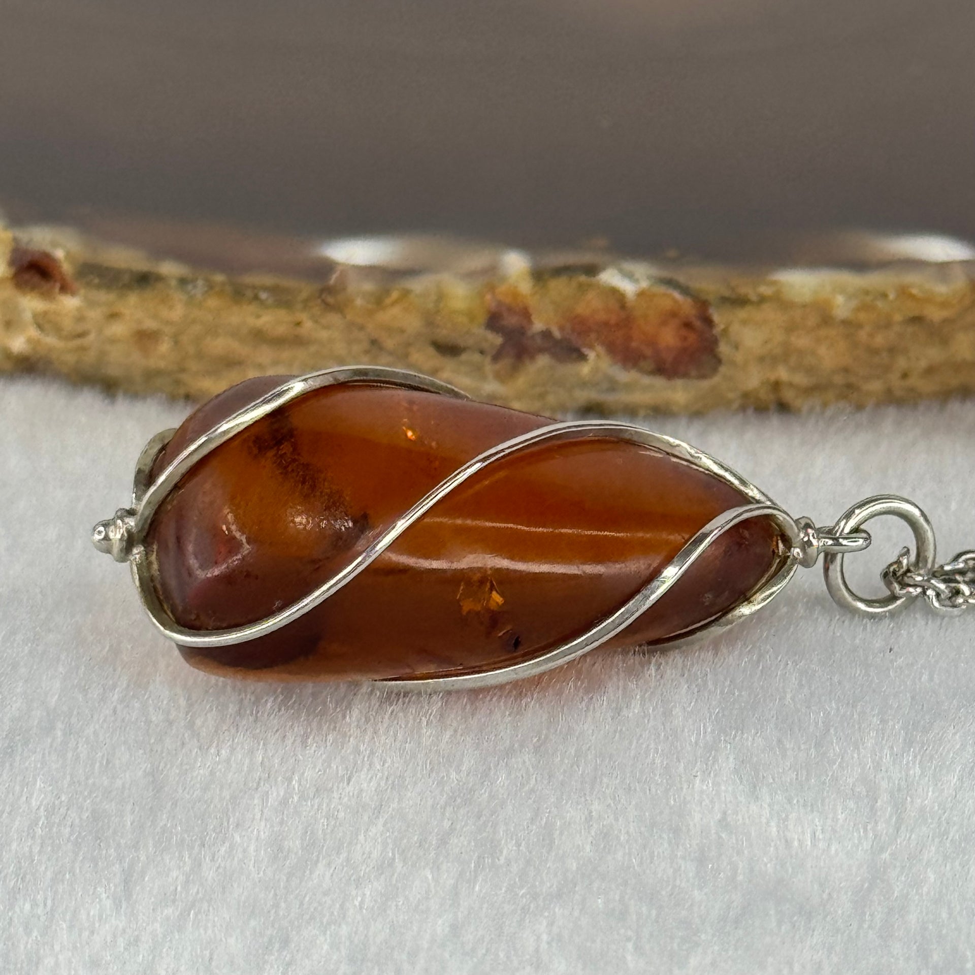 Natural Amber in S925 Sliver Necklace 11.95g 33.5 by 19.4 by 14.5mm - Huangs Jadeite and Jewelry Pte Ltd