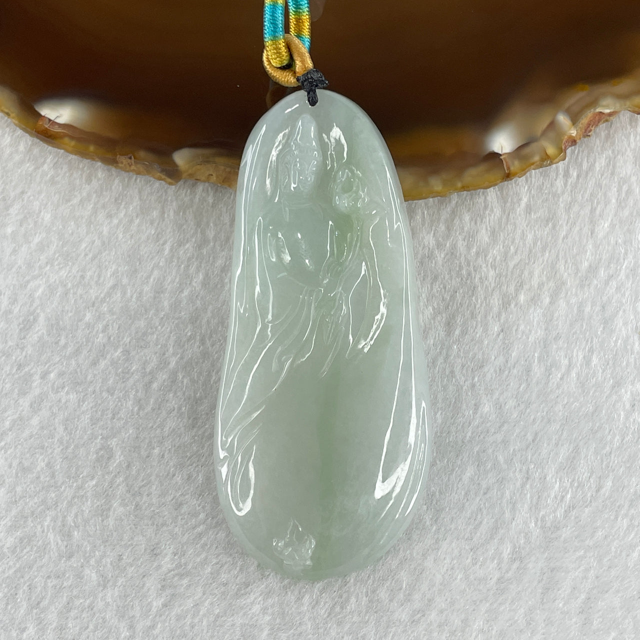 Natural Type A Semi Icy Faint Green Faint Lavender Guan Yin Jadeite Pendant 21.77g 62.6 by 27.9 by 5.8mm