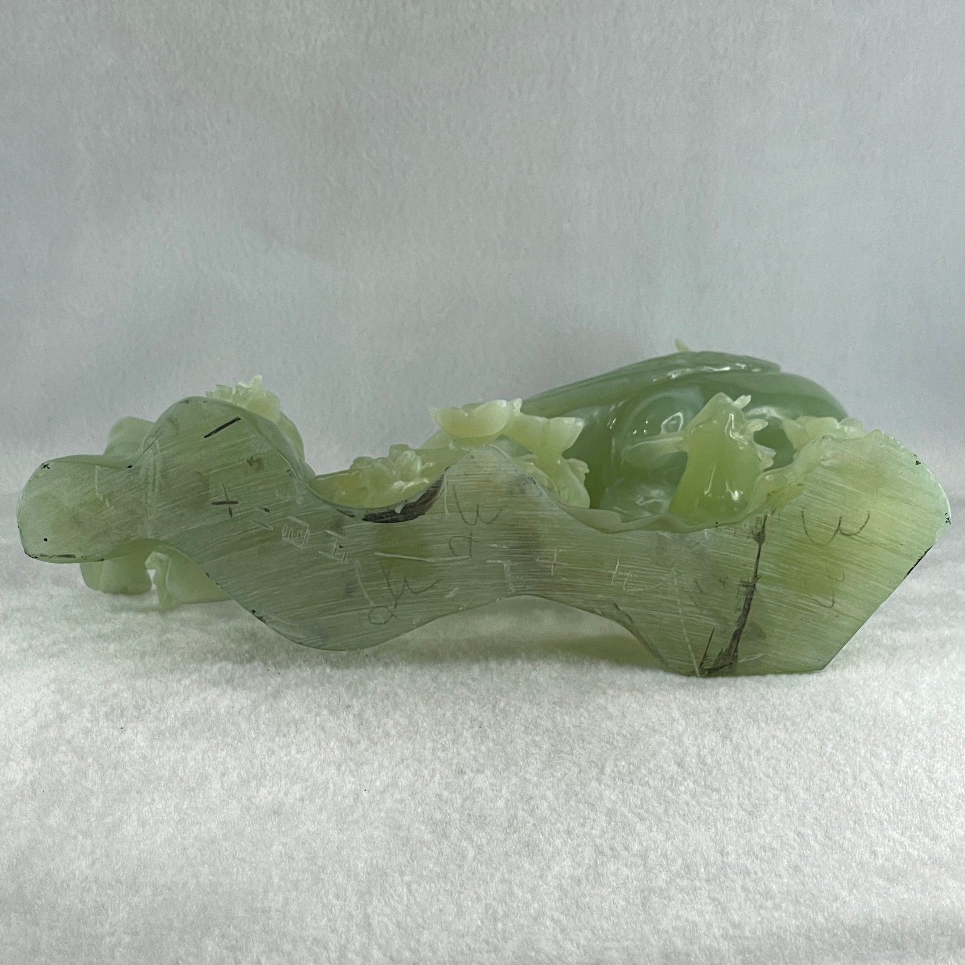 Natural Green Serpentine Phoenix with Twin Birds on Tree with Wooden Stand Display 1,158.3g L257.0 by B98.0 by H203.0mm - Huangs Jadeite and Jewelry Pte Ltd