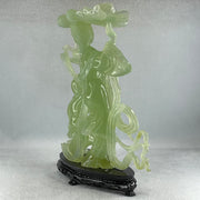 Natural Semi Icy Green Serpentine Fairy with Tong Zhi and Lotus Flower with Wooden Stand Display 1,228.0g 196.0 by 76.0 by 283.0mm - Huangs Jadeite and Jewelry Pte Ltd