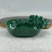 Natural Malachite Yuan Bao Ingot with Money bag and Longevity Beach with Wooden Stand Display 402.5g 96.5 by 45.8 by 76.0mm - Huangs Jadeite and Jewelry Pte Ltd