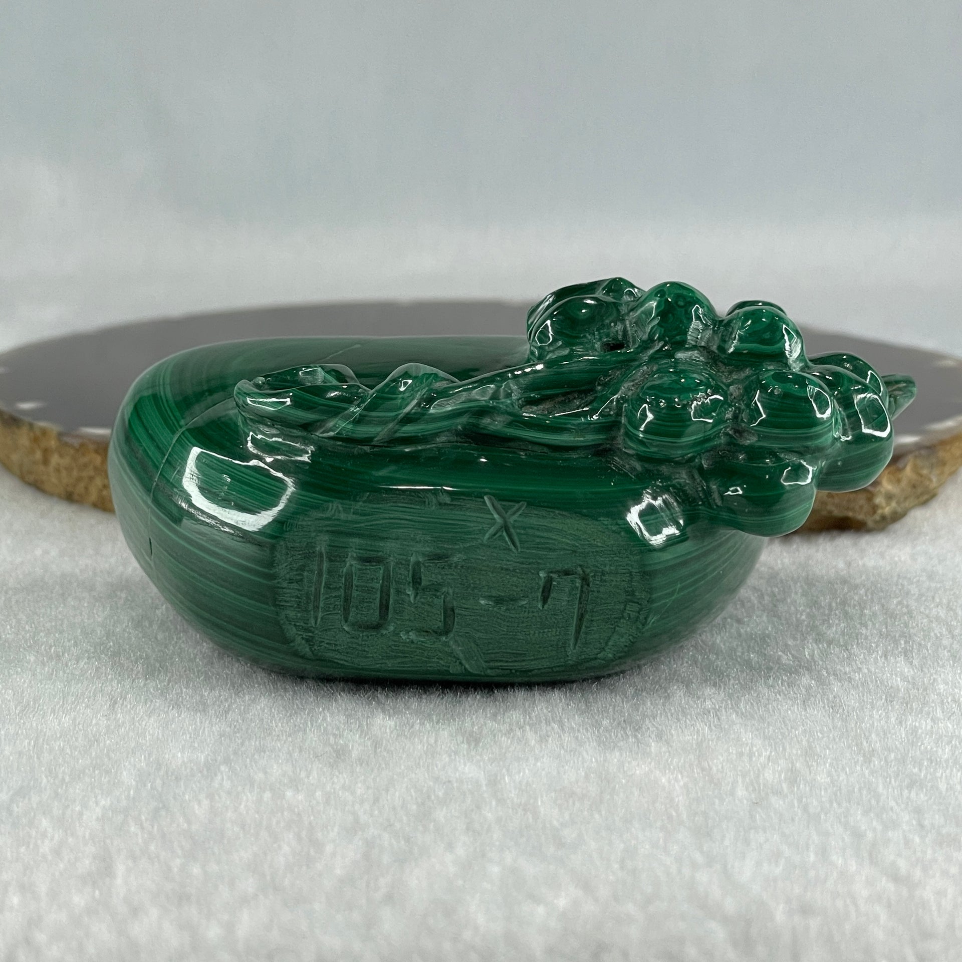 Natural Malachite Yuan Bao Ingot with Money bag and Longevity Beach with Wooden Stand Display 402.5g 96.5 by 45.8 by 76.0mm - Huangs Jadeite and Jewelry Pte Ltd