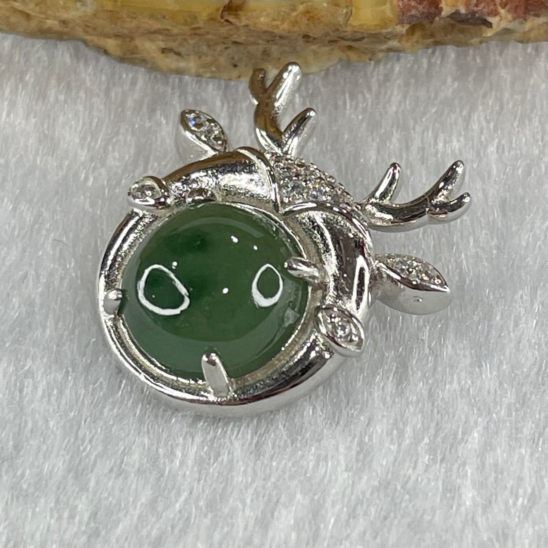 Type A Semi Icy Blueish Green Jadeite in S925 Sliver Reindeer with Crystal Charm 2.73g 9.5 by 4.5mm - Huangs Jadeite and Jewelry Pte Ltd
