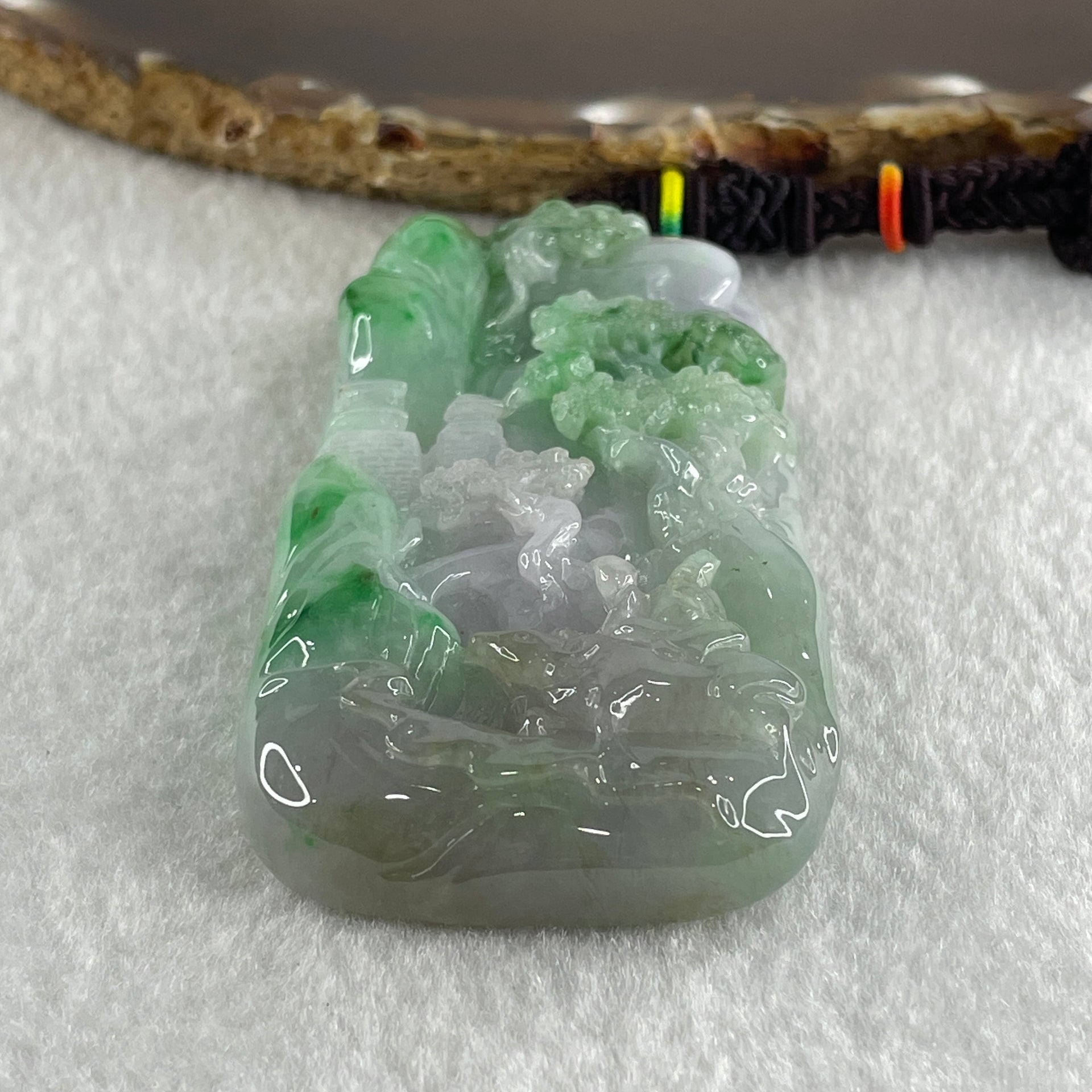 Type A Jelly Lavender and Spicy Green Piao Hua Jadeite Shan Shui and Benefactor 87.19g 79.4 by 40.7 by 11.7mm - Huangs Jadeite and Jewelry Pte Ltd