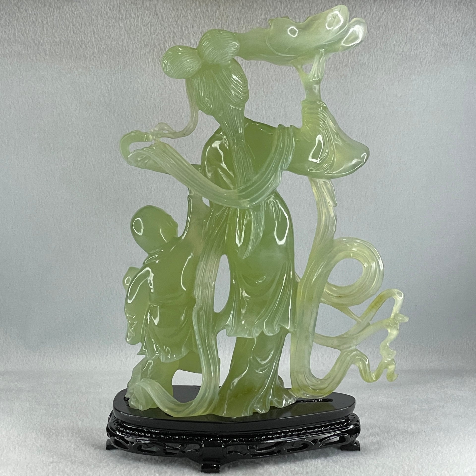 Natural Semi Icy Green Serpentine Fairy with Tong Zhi and Lotus Flower with Wooden Stand Display 1,228.0g 196.0 by 76.0 by 283.0mm - Huangs Jadeite and Jewelry Pte Ltd