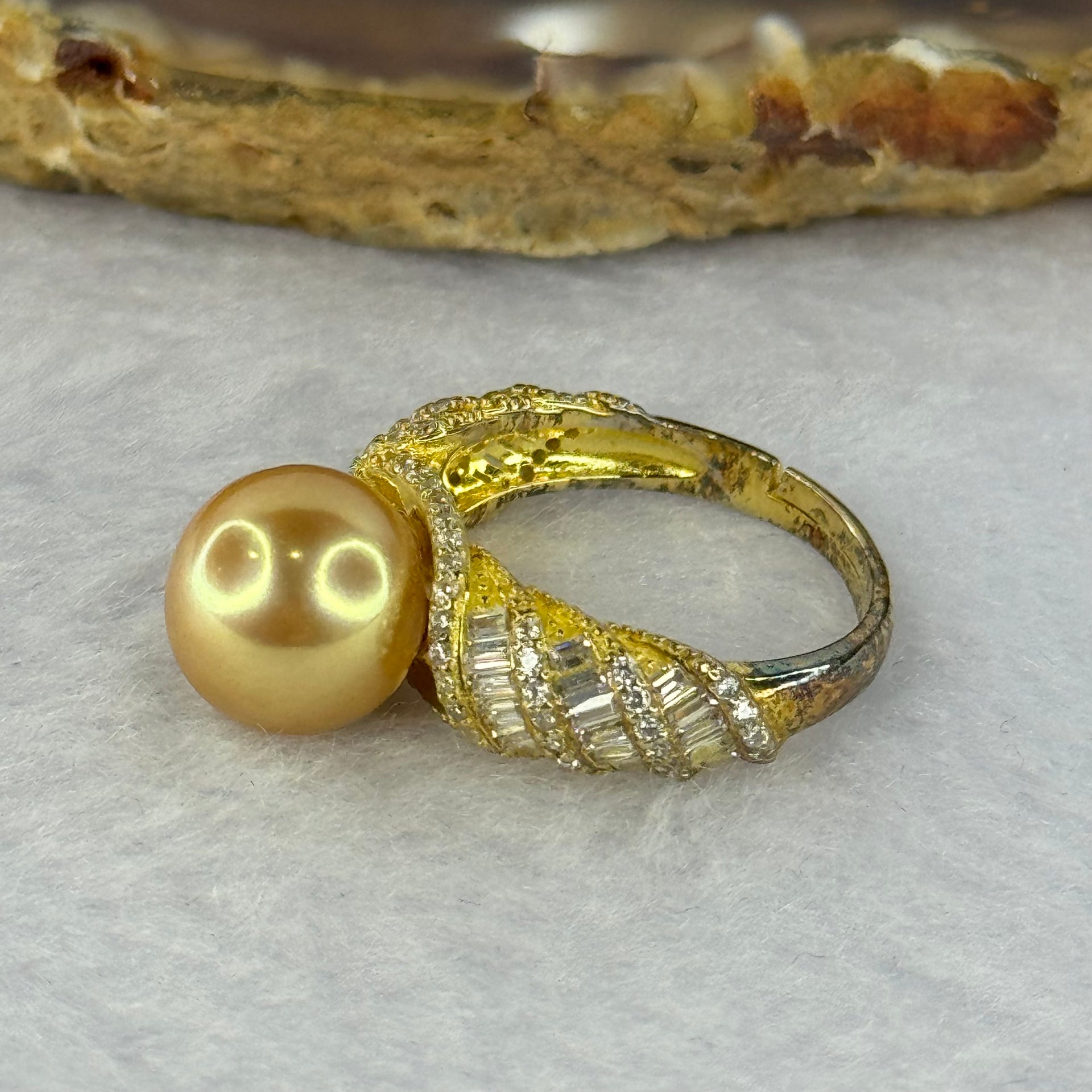 Natural Pearl with Crystals In 925 Sliver Gold Colour Ring (Adjustable Size) 4.15g 9.8 by 9.8mm (Slightly Tarnished) - Huangs Jadeite and Jewelry Pte Ltd