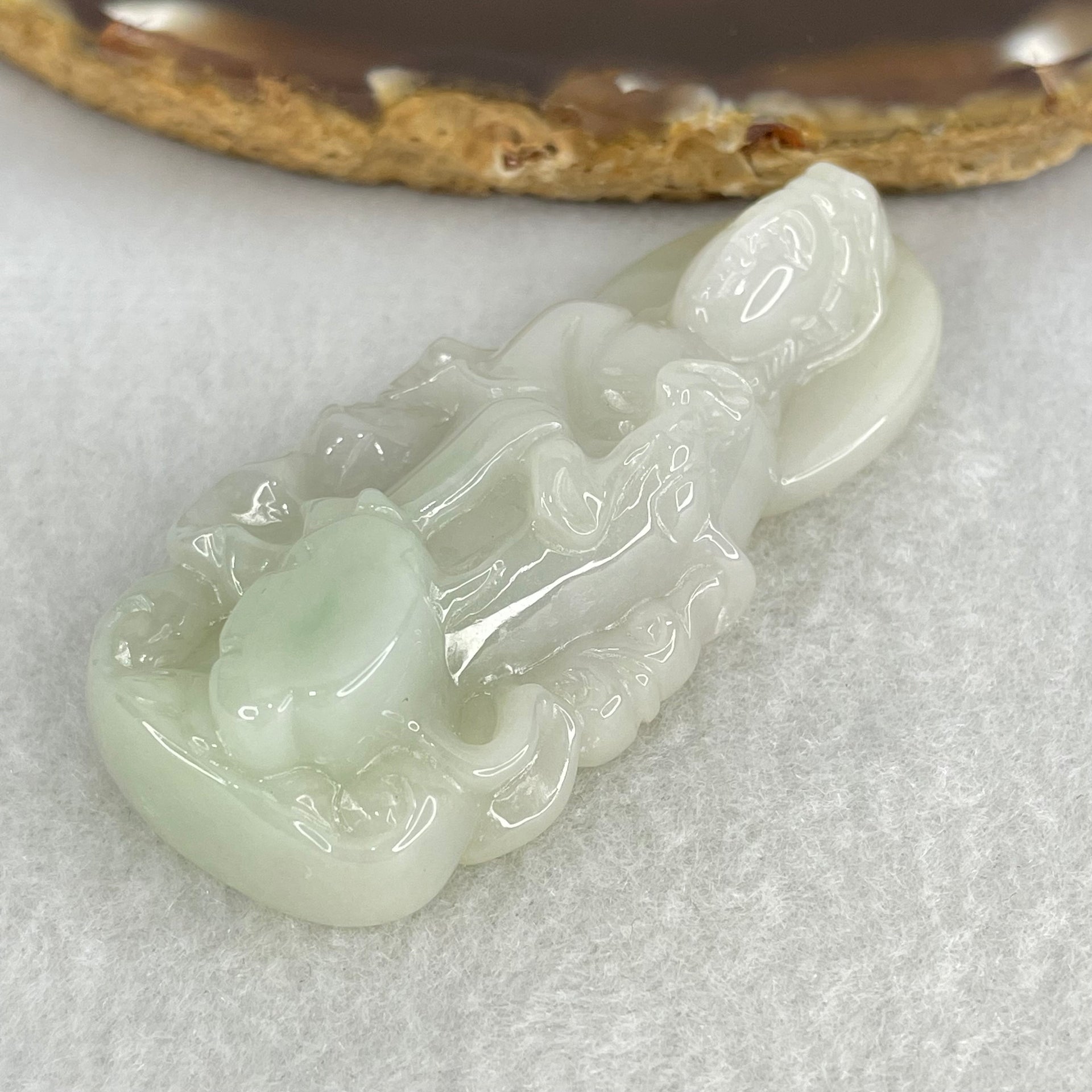 Type A Faint Green Lavender Jadeite Guan Yin Pendant 37.10g 61.8 by 28.3 by 14.3mm - Huangs Jadeite and Jewelry Pte Ltd