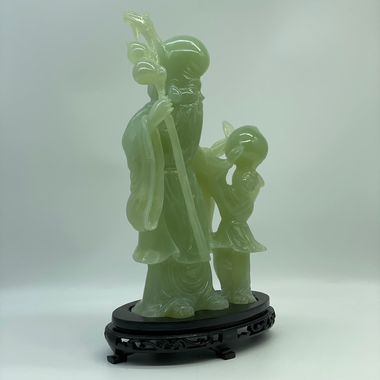 Natural Green Serpentine Shou Xing Gong and Tong Zi with Wooden Stand Display 2,618.6g 190.0 by 115.0 by 315.0mm