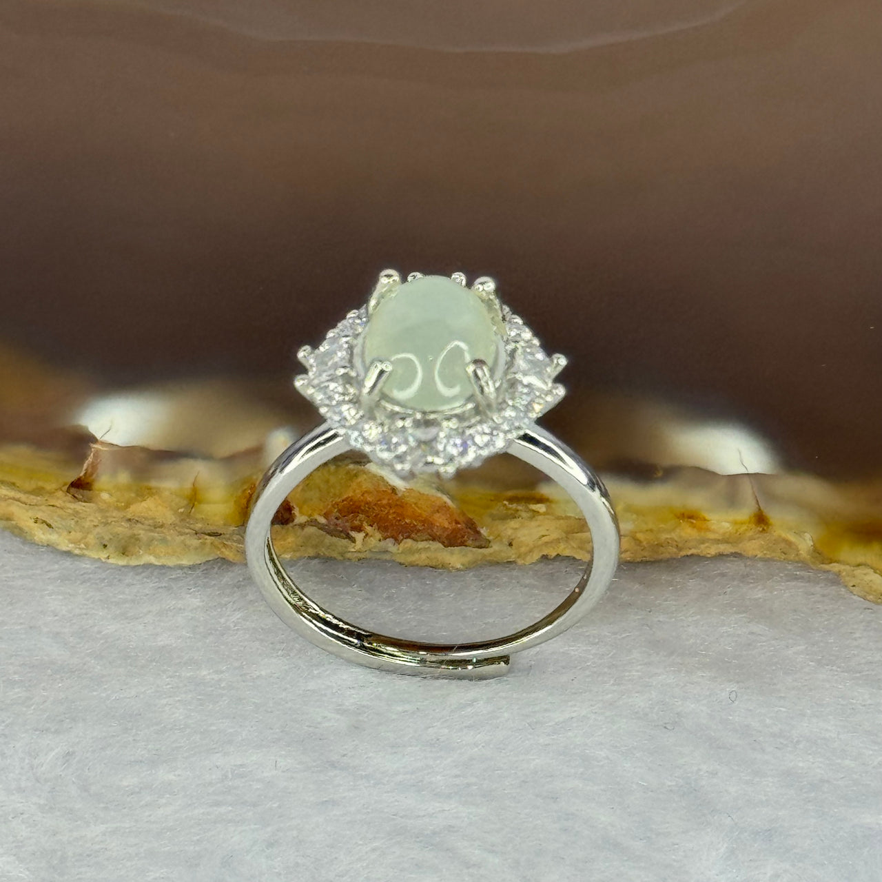 Type A Semi Icy Light Green Jadeite with Crystals in S925 Sliver Ring (Adjustable Size) 2.68g 8.7 by 6.7 by 3.5mm - Huangs Jadeite and Jewelry Pte Ltd