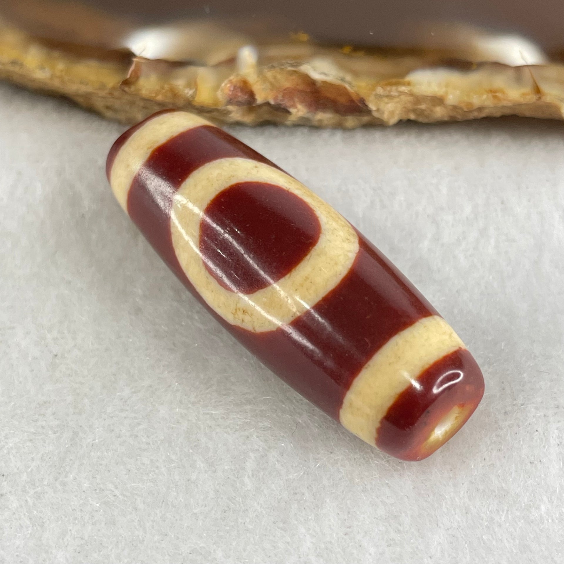 Natural Powerful Tibetan Old Oily Red White Agate One Eye Gold Metal Element Dzi Bead Heavenly Master (Tian Zhu) 一眼金天珠 10.96g 37.5 by 13.5mm - Huangs Jadeite and Jewelry Pte Ltd