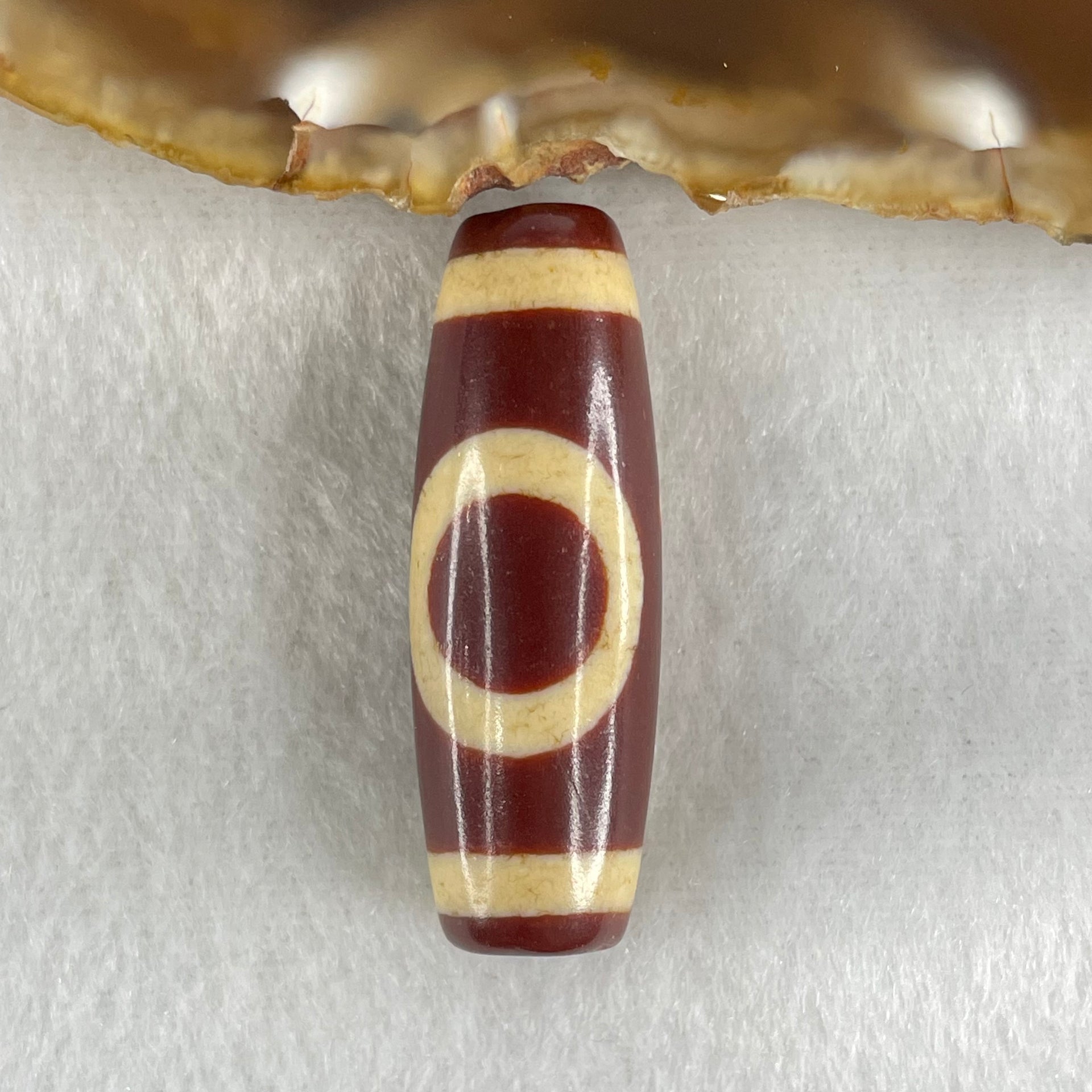 Natural Powerful Tibetan Old Oily Red White Agate One Eye Gold Metal Element Dzi Bead Heavenly Master (Tian Zhu) 一眼金天珠 10.23g 37.9 by 13.3mm - Huangs Jadeite and Jewelry Pte Ltd