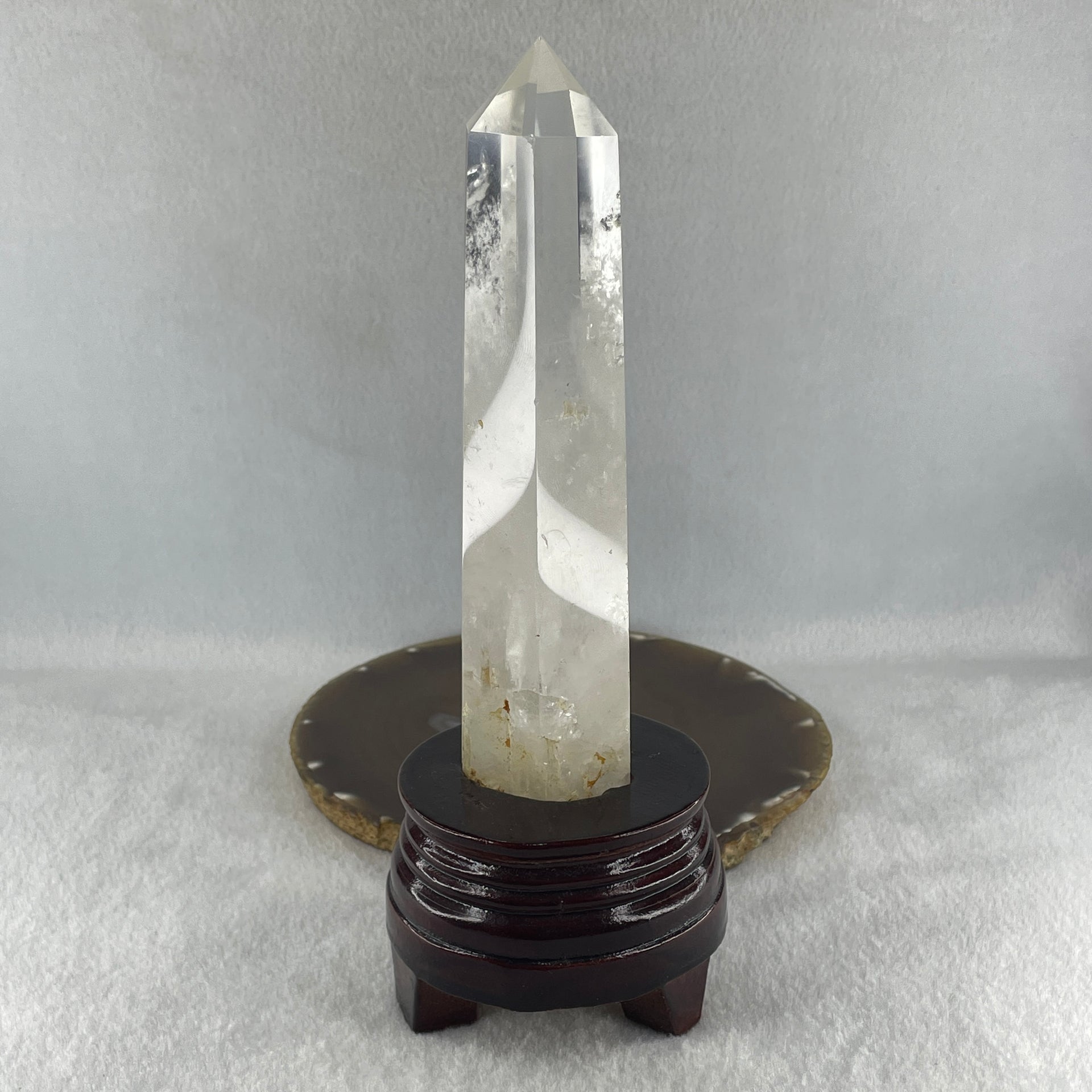 Natural Clear Quartz Tower with Wooden Stand 450.7g 80.1 by 75.9 by 210.0mm - Huangs Jadeite and Jewelry Pte Ltd