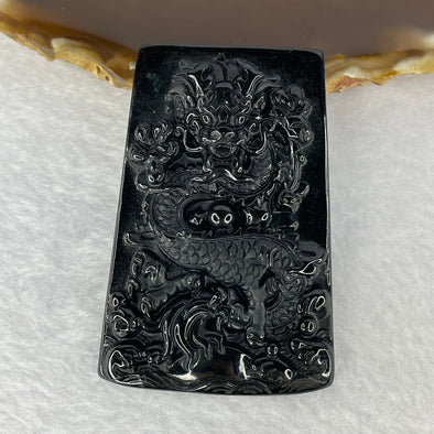 Type A Partial Translucent Black Omphasite Jadeite 5 Claws Dragon Pendent A货墨翠龙牌30.20g 63.7 by 42.7 by 8.6 mm - Huangs Jadeite and Jewelry Pte Ltd
