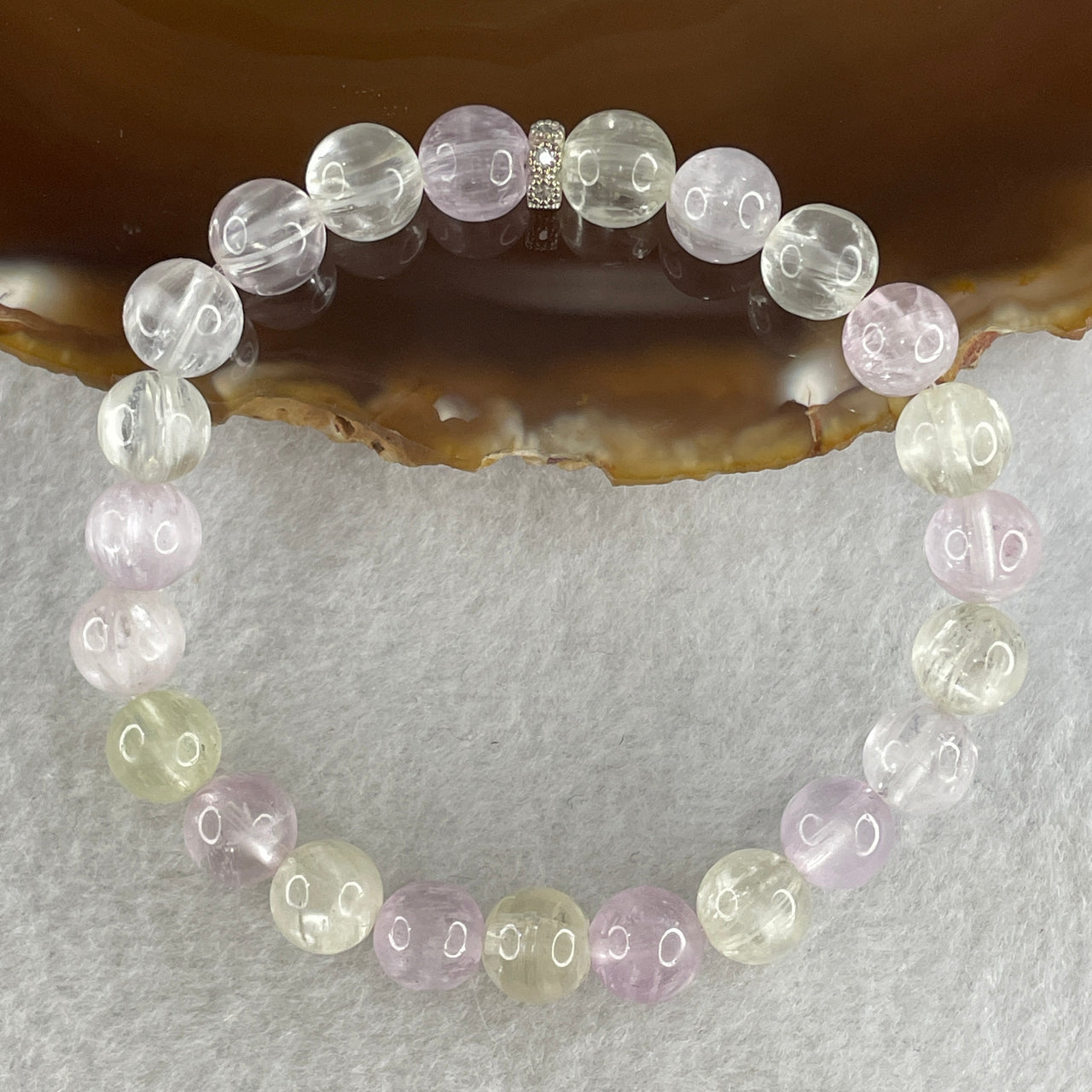 Certified Natural Good Grade Cats Eye Spodumene Pink Colorless and Green Kunzite Beads Bracelet 20.792g 15.5cm 8.2mm 23Beads