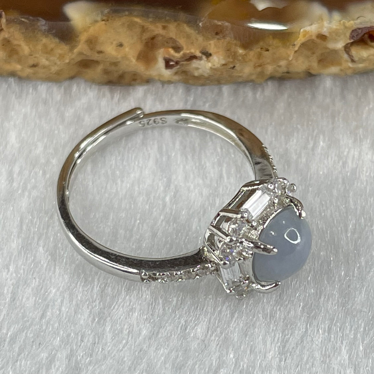 Type A Lavender Jadeite in S925 Sliver with Crystal Ring (Adjustable Size) 1.82g 6.3 by 3.5mm - Huangs Jadeite and Jewelry Pte Ltd
